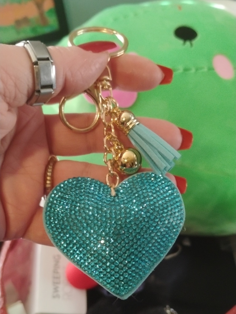 Teal Crystal Heart Keychain with Tassel